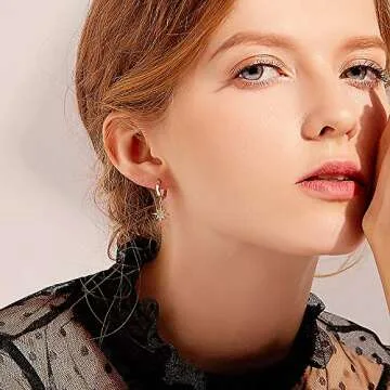 Crystal Moon Star Dangle Hoop Earrings for Women S925 Sterling Silver with Charms Asymmetrical CZ Diamond Drop Cartilage Cute Jewelry Delicate Fashion Birthday Best Friend Gold-Tone