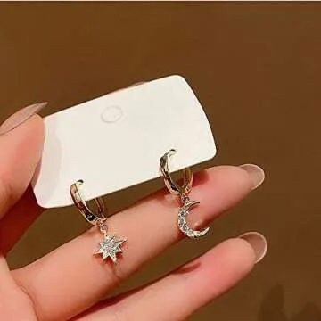 Crystal Moon Star Dangle Hoop Earrings for Women S925 Sterling Silver with Charms Asymmetrical CZ Diamond Drop Cartilage Cute Jewelry Delicate Fashion Birthday Best Friend Gold-Tone