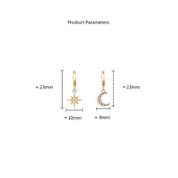 Crystal Moon Star Dangle Hoop Earrings for Women S925 Sterling Silver with Charms Asymmetrical CZ Diamond Drop Cartilage Cute Jewelry Delicate Fashion Birthday Best Friend Gold-Tone