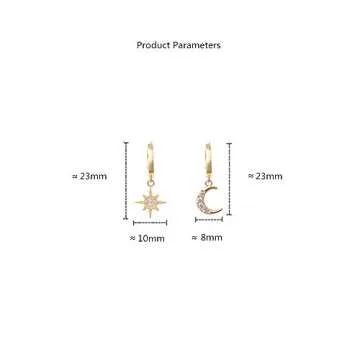 Crystal Moon Star Dangle Hoop Earrings for Women S925 Sterling Silver with Charms Asymmetrical CZ Diamond Drop Cartilage Cute Jewelry Delicate Fashion Birthday Best Friend Gold-Tone