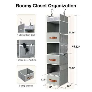 Yecaye Upgraded 7-Shelf Hanging Closet Organizers and Storage with 3 Drawers 4 Side Pockets, 2 Flexible 3-Shelf Closet Organizer System, Clothes Organizer Shelves for Bedroom Closet Rack