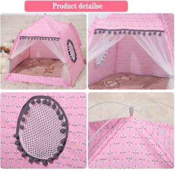 Gigreinc Cat Princess Indoor Tent House Pet Dog Cute Floral Cave Nest Bed Portable Dog Tents (L:48x48x46cm/18.8x18.8x18inch, Floral Pink)