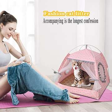 Gigreinc Cat Princess Indoor Tent House Pet Dog Cute Floral Cave Nest Bed Portable Dog Tents (L:48x48x46cm/18.8x18.8x18inch, Floral Pink)