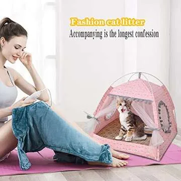 Gigreinc Cat Princess Indoor Tent House Pet Dog Cute Floral Cave Nest Bed Portable Dog Tents (L:48x48x46cm/18.8x18.8x18inch, Floral Pink)