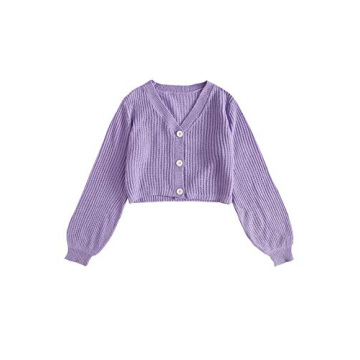 MakeMeChic Women's Solid V Neck Button Front Bishop Sleeve Cardigan Crop Top Purple M