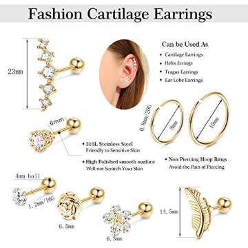 SAILIMUE 16Pcs 16G Studs for Women Surgical Stainless Steel Helix Tragus Couch Hoop Piercing Earring...