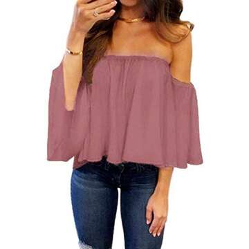 Bluetime Women Summer Off Shoulder Chiffon Blouse Ruffles Short Sleeves Tops Casual T Shirt (L, Blus...