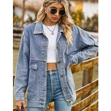 HangNiFang Womens Blue Denim Jacket Oversized Boyfriend Mid Long Blue Jean Jacket with Big Pockets(1070-Blue-XXL)