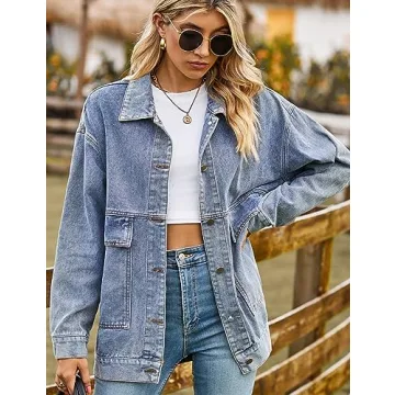 HangNiFang Womens Blue Denim Jacket Oversized Boyfriend Mid Long Blue Jean Jacket with Big Pockets(1070-Blue-XXL)