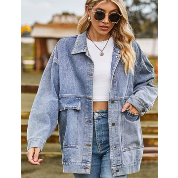 HangNiFang Womens Blue Denim Jacket Oversized Boyfriend Mid Long Blue Jean Jacket with Big Pockets(1070-Blue-XXL)