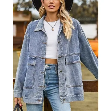 HangNiFang Womens Blue Denim Jacket Oversized Boyfriend Mid Long Blue Jean Jacket with Big Pockets(1070-Blue-XXL)