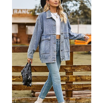 HangNiFang Womens Blue Denim Jacket Oversized Boyfriend Mid Long Blue Jean Jacket with Big Pockets(1070-Blue-XXL)