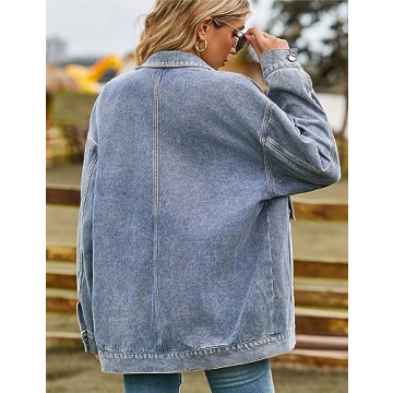HangNiFang Womens Blue Denim Jacket Oversized Boyfriend Mid Long Blue Jean Jacket with Big Pockets(1070-Blue-XXL)