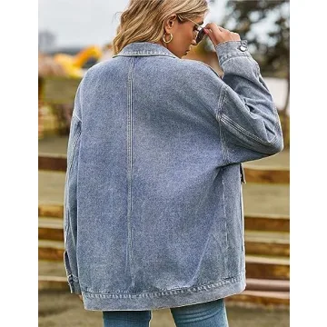 HangNiFang Womens Blue Denim Jacket Oversized Boyfriend Mid Long Blue Jean Jacket with Big Pockets(1070-Blue-XXL)