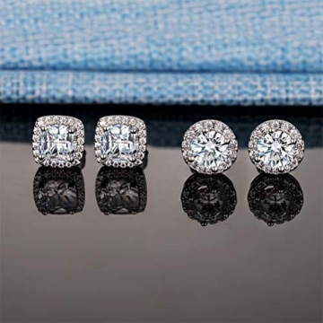 Elegant 18K White Gold CZ Halo Stud Earrings Set of 2