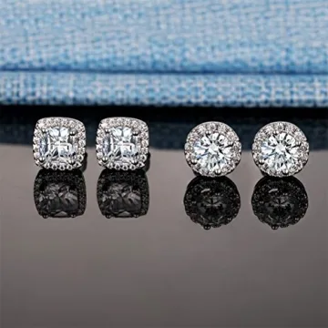 Elegant 18K White Gold CZ Halo Stud Earrings Set of 2