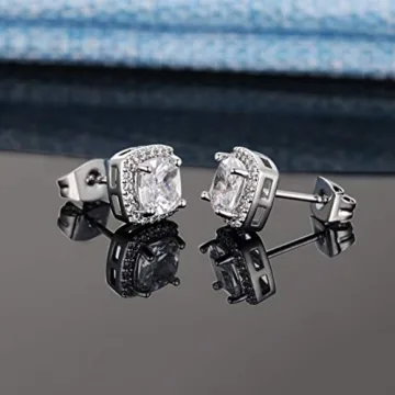 Elegant 18K White Gold CZ Halo Stud Earrings Set of 2