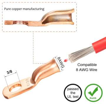 Maxdot 10 Pack UL Test Wire Lugs 8 Gauge Stud Ring Terminals Heavy Duty Copper Crimp Lugs Welding Ca...