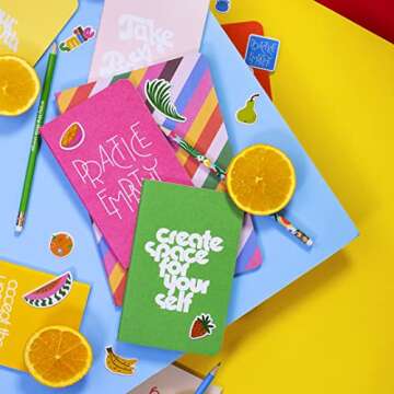 ban.do Wellness 12-Pack Notebook Set with Magazine Holder, 12 Mini Journals with Lined Pages, Cute Desktop Organizer, Monthly Journaling Kit for Health or Travel, Rainbow Stripe