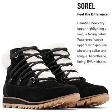 Sorel Women's Harlow Lace Cozy Boot — Black, Gum 10 — Waterproof Leather Ankle Booties — Size 7.5