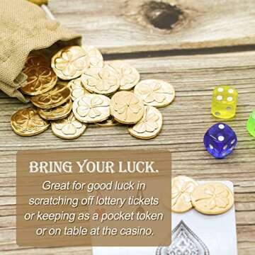 Gaberic 20 Pcs Four Leaf Clover Pocket Coins - 2 Sided Lucky Coin Good Luck Charms, 4 Leaf Clover Coins, Pocket Luck Scratch Ticket Scratcher Tool (Gold)