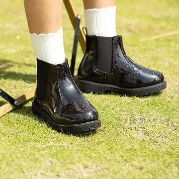 Tobfis Girl's Fashion Shiny Chelsea Boot Ankle Boots,Shiny Black PU,10 M US Toddler