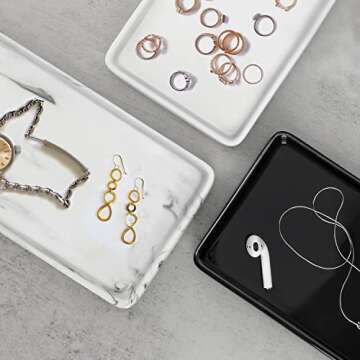 Nucookery 10" Ceramic White Marble Tray for Bathroom Rectangle, Large Vanity Tray, Kitchen Tray Dispenser Organizer, Marble White