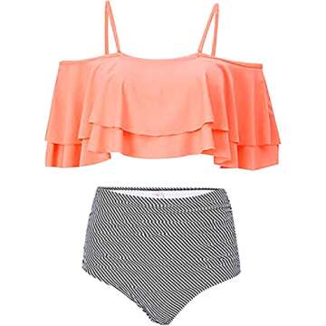 Tempt Me Women Pink Two Piece High Waisted Bikini Set Swimsuit Off Shoulder Ruffle Bathing Suits Tummy Control Ruched Swimwear L