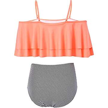 Tempt Me Women Pink Two Piece High Waisted Bikini Set Swimsuit Off Shoulder Ruffle Bathing Suits Tummy Control Ruched Swimwear L