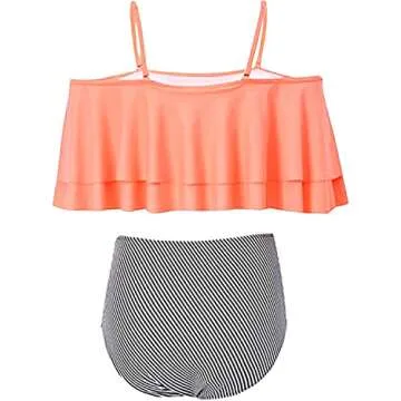 Tempt Me Women Pink Two Piece High Waisted Bikini Set Swimsuit Off Shoulder Ruffle Bathing Suits Tummy Control Ruched Swimwear L