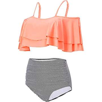 Tempt Me Women Pink Two Piece High Waisted Bikini Set Swimsuit Off Shoulder Ruffle Bathing Suits Tummy Control Ruched Swimwear L