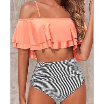 Tempt Me Women Pink Two Piece High Waisted Bikini Set Swimsuit Off Shoulder Ruffle Bathing Suits Tummy Control Ruched Swimwear L