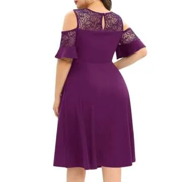 Plus Size Cocktail Dress Women Purple Cold Shoulder Short Formal Party Wedding Guest Midi Dresses wi...
