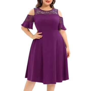 Plus Size Cocktail Dress Women Purple Cold Shoulder Short Formal Party Wedding Guest Midi Dresses with Pockets