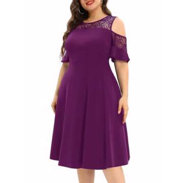 Plus Size Cocktail Dress Women Purple Cold Shoulder Short Formal Party Wedding Guest Midi Dresses with Pockets