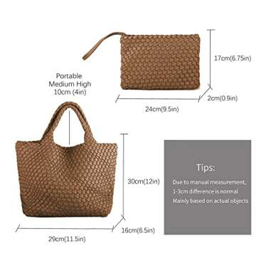 Woven Tote Bag, Women Macaron Soft Leather Weave Handbag Purse Wrist Bag Large Capacity Work Shopping Travel Daily (Brown)