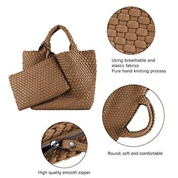 Woven Tote Bag, Women Macaron Soft Leather Weave Handbag Purse Wrist Bag Large Capacity Work Shopping Travel Daily (Brown)