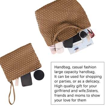 Woven Tote Bag, Women Macaron Soft Leather Weave Handbag Purse Wrist Bag Large Capacity Work Shopping Travel Daily (Brown)