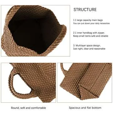 Woven Tote Bag, Women Macaron Soft Leather Weave Handbag Purse Wrist Bag Large Capacity Work Shopping Travel Daily (Brown)