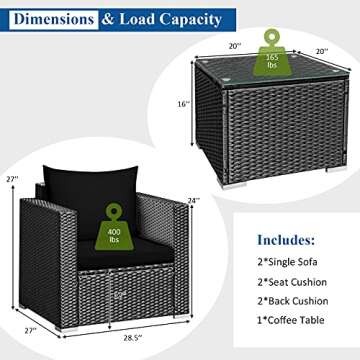 COSTWAY 3PCS Patio Rattan Wicker Furniture Set Sofa Table W/Cushion Yard Black