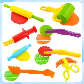 Oun Nana Play Dough Tools Kit with Dough Extruders, Dough Scissors, Playdough Rollers and Cutters, 12 pcs Plastic Playdough Tools for Kids, Random Color