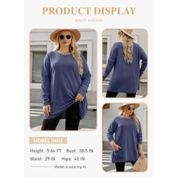 Eytino Womens Plus Size Casual Long Sleeve Tunics with Pockets
