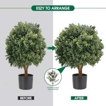 Set of 2 -Pre-Potted Artificial Potted Shrubs UV Resistant,24" Artificial Boxwood Topiary Ball Tree,...