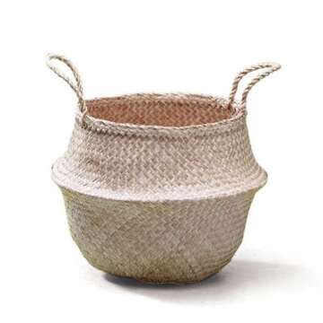 Sosibon Large Seagrass Belly Basket with Handles for Storage (Natural)