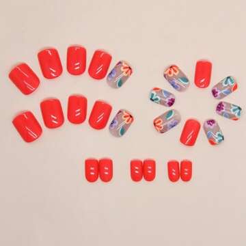 Square Press on Nails Short Fake Nails with Colorful Flower Designs Orange Red Nails Press ons Gloss...