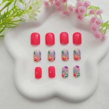 Square Press on Nails Short Fake Nails with Colorful Flower Designs Orange Red Nails Press ons Glossy Glue on Nails Acrylic False Nails Full Cover Stick on Nails for Women 24Pcs