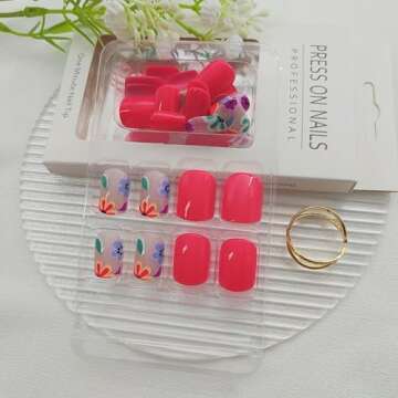 Square Press on Nails Short Fake Nails with Colorful Flower Designs Orange Red Nails Press ons Glossy Glue on Nails Acrylic False Nails Full Cover Stick on Nails for Women 24Pcs