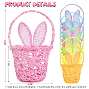 Handmade Easter Bunny Ears Baskets - Set of 6 Vibrant Colors