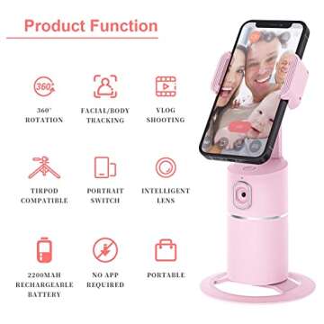 Auto Tracking Phone Holder,360° Rotation Face Body Track Mount,Tracking Tripod for Vlog Shooting Live Streaming,Build-in Battery,No APP Required(Pink)…