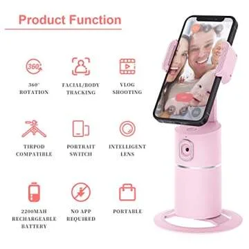 Auto Tracking Phone Holder,360° Rotation Face Body Track Mount,Tracking Tripod for Vlog Shooting Live Streaming,Build-in Battery,No APP Required(Pink)…